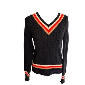Brooks brothers Stretch Merino Wool Tennis Sweater Black V-Neck Cable Knit small